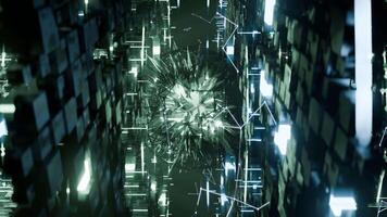 A geometric luminous sphere surrounded by platforms and lights in an abstract technological environment. loop seamless synchronized at 120 bmp video