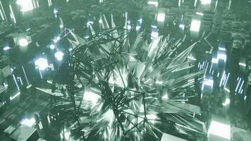 A geometric luminous sphere surrounded by platforms and lights in an abstract technological environment. loop seamless synchronized at 120 bmp video