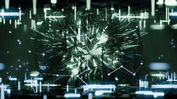 A geometric luminous sphere surrounded by platforms and lights in an abstract technological environment. loop seamless synchronized at 120 bmp video