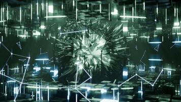 A geometric luminous sphere surrounded by platforms and lights in an abstract technological environment. loop seamless synchronized at 120 bmp video