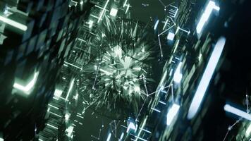 A geometric luminous sphere surrounded by platforms and lights in an abstract technological environment. loop seamless synchronized at 120 bmp video