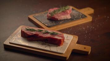 Fresh cuts of meat arranged on wooden boards, garnished with herbs to enhance appeal video