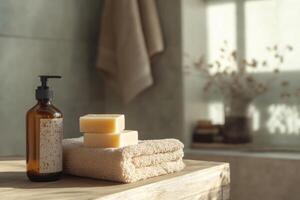 Cosmetic tools such as liquid soap in a bottle, soap bars and towel. Minimalist concept. photo