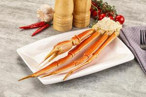 A plate with two crab legs on it photo