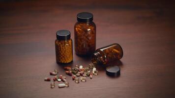 An assortment of various herbal supplements neatly organized in bottles on a wooden surface video