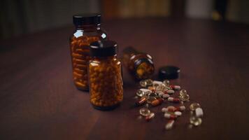An Array of Different Bottles of Dietary Supplements Displayed on a Wooden Surface video