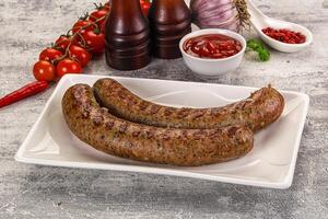 Two sausages on a plate with tomatoes and ketchup photo