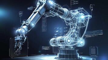 Robotic arm performing industrial task with futuristic HUD display video