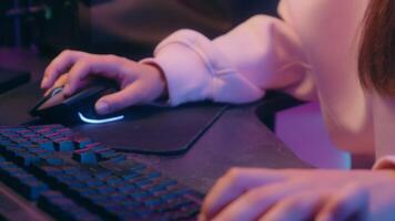 Stressed emotional yelling worry Caucasian woman female girl user gamer streamer talking microphone talk to mic typing keyword computer worried anxiety playing online game streaming web stream video