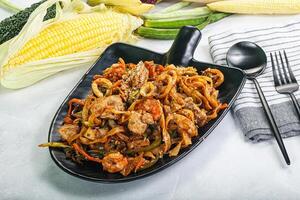 A plate of food with a fork and spoon on a table photo