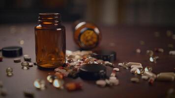 A variety of scattered pills and bottles displayed messily on a rustic wooden surface video