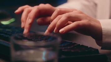 Cropped view woman hands gamer programmer tech IT worker hacker coding data web antivirus typing keyboard online working studying unrecognizable girl student businesswoman crypto trading gaming addict video