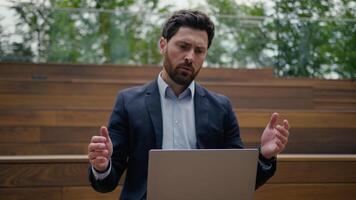 Caucasian business man stressed guy businessman upset frustrated anxious male employer worker manager architect entrepreneur in city online laptop working problem scam email failure trouble overwork video