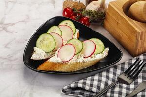 A plate with sliced cucumbers and a slice of bread photo