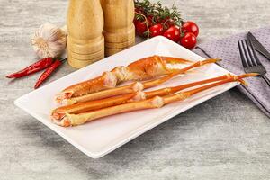 A plate with two cooked crabs on it photo