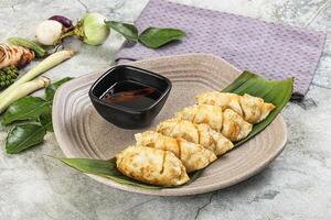 A plate with some dumplings and sauce photo