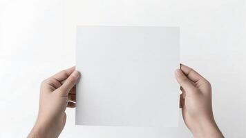 Hands holding blank white paper. photo