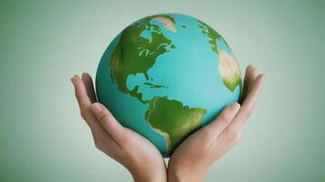 Hands gently cradling a miniature Earth globe. photo