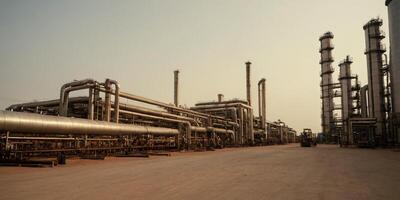 Industrial refinery complex at sunset, showcasing extensive pipeline network and distillation columns. photo