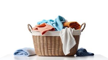Laundry basket overflowing with colorful clothes and towels on white background. photo