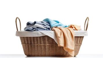 Laundry basket overflowing with clean, folded pastel clothes. photo