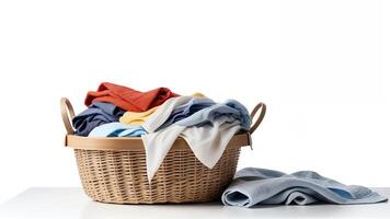 Laundry basket overflowing with colorful clothes on white background. photo