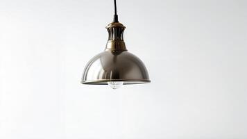 Modern pendant lamp with metallic shade and brass accents against a white background. photo