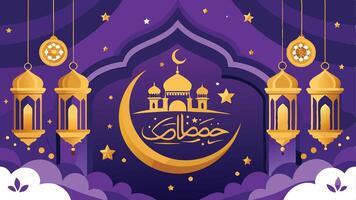 Ramadan Kareem design on green Islamic background with gold ornament star, moon, mosque, lanterns and islamic elements. Suitable for vector