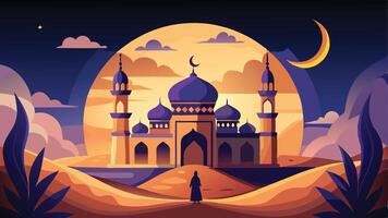 Ramadan Kareem design on green Islamic background with gold ornament star, moon, mosque, lanterns and islamic elements. Suitable for raya and ramadan template concept vector