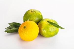 Three oranges and one lemon on a white surface photo