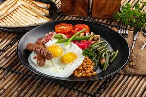 A plate with toast, eggs, beans, and toast photo