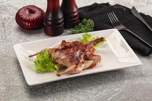 A plate with a chicken on it and a knife and fork photo
