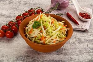 A bowl of coleslaw with tomatoes and onions photo