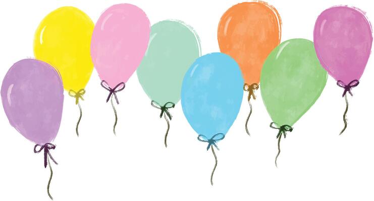 Set collection Colorful pastel soft colors birthday balloons with ribbon bow string watercolor crayon hand drawn cute illustration isolated in white