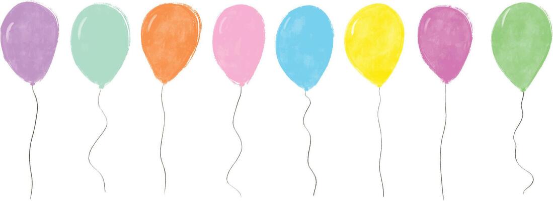 Set collection Colorful pink blue yellow green orange purple pastel soft colors birthday balloons with string watercolor crayon hand drawn cute illustration isolated in white