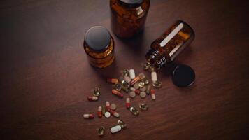 A variety of Capsules and Bottles displayed beautifully on a rustic Wooden Surface video