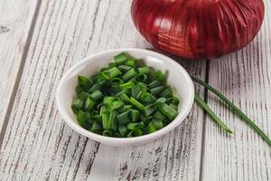 A bowl of chopped green onions and a red onion photo