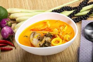 A bowl of soup with a spoon and some vegetables photo