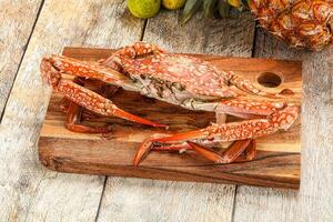 A crab on a cutting board with a pineapple and other fruit photo