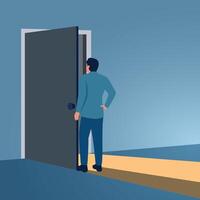 A man opens the door and shines. Illustration to reveal secrets, find strategies and open business tips. vector