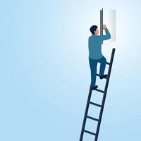A man climbs a ladder to open a secret window in the sky. Illustration to open secrets, find strategies and open business tips. vector