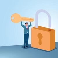 A man holds a key and a padlock beside him. Illustration to unlock secrets, find strategies and open business tips. vector
