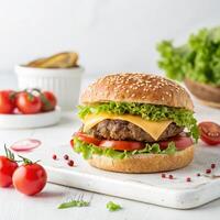 Beef burger with cheese, tomatoes, red onions, cucumber and lettuce on white slate over dark background photo
