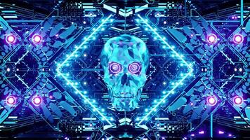 An animated background of crystal skulls and detailed neon light patterns on a seamless loop video