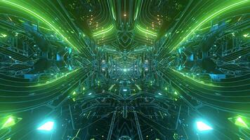 An endless flight through a highly detailed alien tunnel with flashing green neon lights on a seamless loop. Perfect for visualization of audio beats in music videos, stage performance walls. video