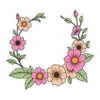 Floral circle frame. Hand drawn elegant botanical round borders, wreaths with branches, leaves and flowers in line art vector