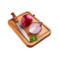 Whole and sliced onion with chopping board on transparent background png