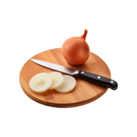 Whole and sliced onion with wooden chopping board on transparent background png