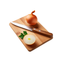 Whole and sliced onion with wooden chopping board and knife on transparent background png