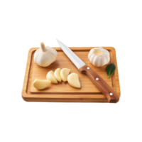 Whole and sliced garlic with wooden chopping board on transparent background png